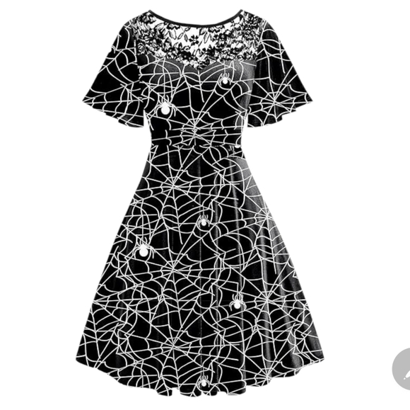aobute gothic goth black white spider web dress lace flutter sleeve halloween - Picture 1 of 9